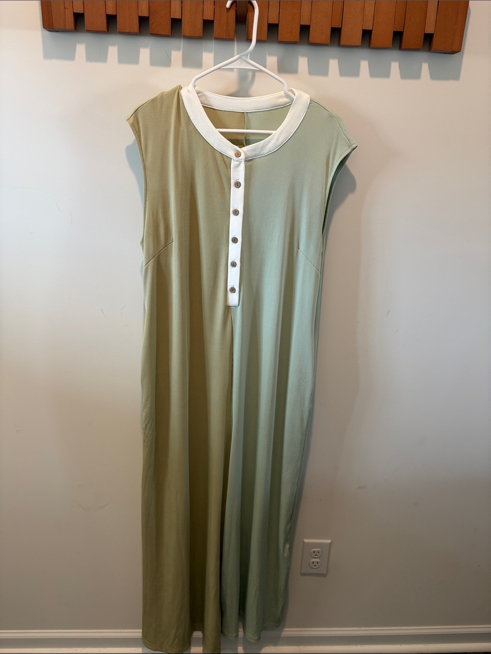 Sleeveless Henley Jumpsuit with Contrast Trim - Sage Green